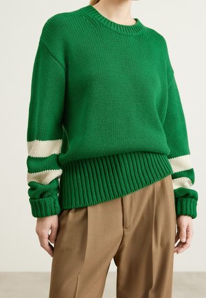 Personne portant un pull en maille vert avec des rayures blanches sur les manches et un pantalon plissé beige, vue du cou aux hanches sur un fond neutre.
