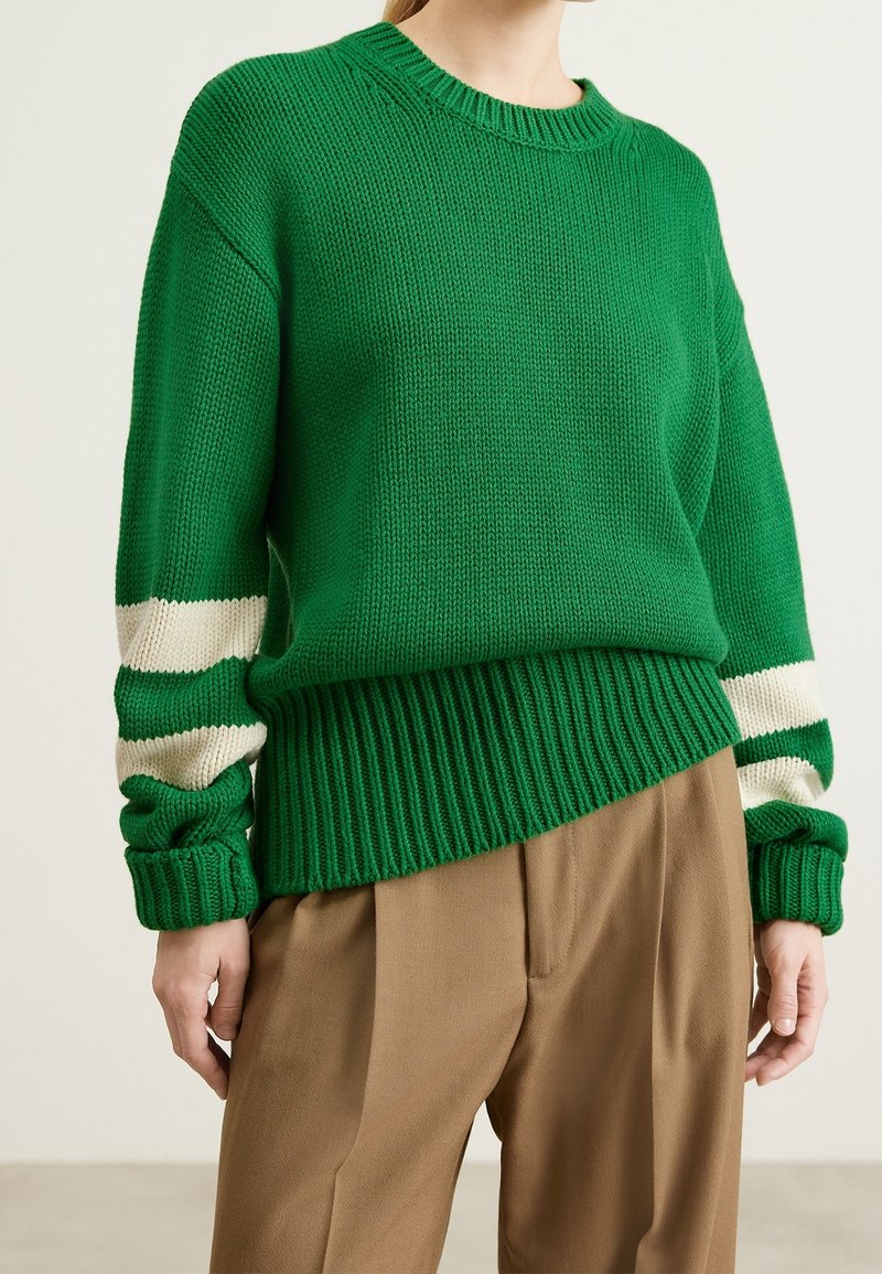 Personne portant un pull en maille vert avec des rayures blanches sur les manches et un pantalon plissé beige, vue du cou aux hanches sur un fond neutre.