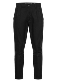 Zwarte slim-fit broek met knoopsluiting, riemlussen en zijzakken, met een iets taps toelopende pijp en omgeslagen zoom.