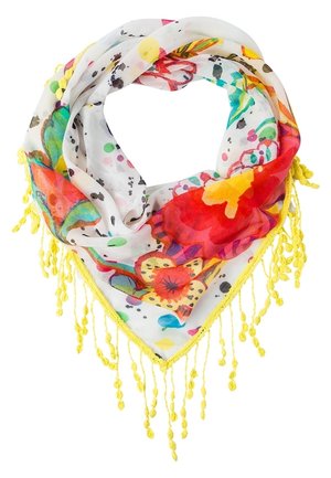 Lightweight triangular scarf with bright yellow fringe, multicolored floral and abstract patterns on a white background.