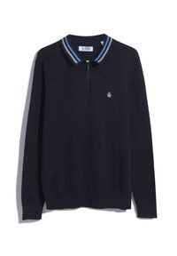 Schwarz langärmliges Polo-Shirt mit einem Reißverschlusskragen, gestreiften blauen und grauen Akzenten sowie einem kleinen gestickten Logo auf der Brust.