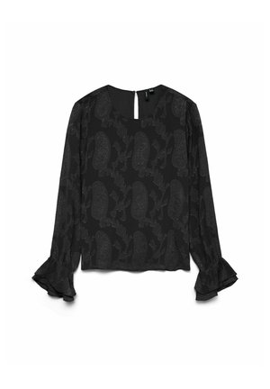 Blusa negra de manga larga hecha de tela texturizada, con un patrón sutil de cachemira y puños acampanados. Detalle de cierre en la parte posterior con llave.