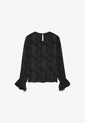 Blouse noire à manches longues en tissu texturé, avec un motif cachemire subtil et des poignets évasés. Détail de fermeture à l'arrière avec une ouverture en forme de clé.