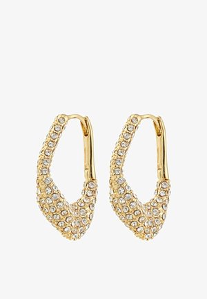 Gouden hoepeloorbellen met ingefabriceerde heldere rhinestones, met een getextureerd, taps toelopend ontwerp en een scharniersluiting.