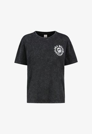 Black washed short-sleeve T-shirt with round neck, featuring a white circular design and text "You are different" on the left chest.