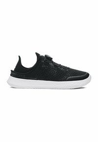 Sorte sportsko med en tekstureret mesh-overdel, hvid sål og et drejesystem til lukning. Har ventilationshuller og et slankt design.