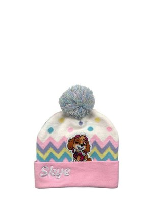 Bonnet en tricot blanc, rose et couleurs pastel avec un motif en zigzag. Présente un pompon sur le dessus et un patch d'un personnage de chien illustré.
