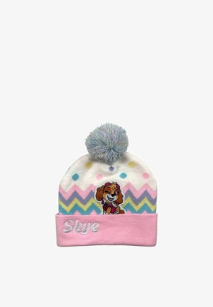 Bonnet en tricot blanc, rose et couleurs pastel avec un motif en zigzag. Présente un pompon sur le dessus et un patch d'un personnage de chien illustré.