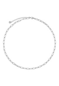 Collana d'argento con grandi anelli ovali, lunghezza regolabile con chiusura e catena di estensione, texture liscia e finitura lucida.