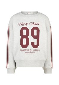 Light gray sweatshirt with maroon stripes on sleeves and text "New York 89 Forever & Always The City of Dreams" on front.