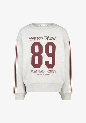 Sweatshirt gris clair avec des rayures bordeaux sur les manches et le texte "New York 89 Pour Toujours & À Jamais La Ville des Rêves" sur le devant.