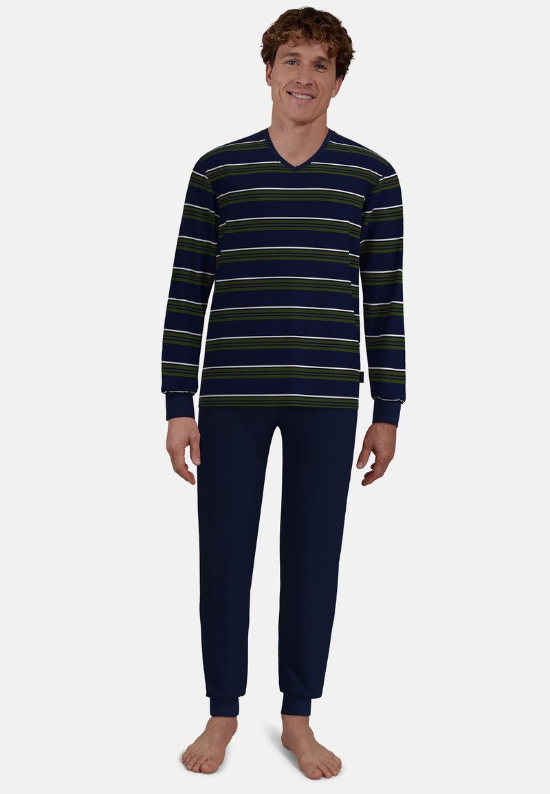 Long-sleeve navy striped pajama set with green and white lines, featuring a V-neck top and matching navy pants with elastic cuffs.