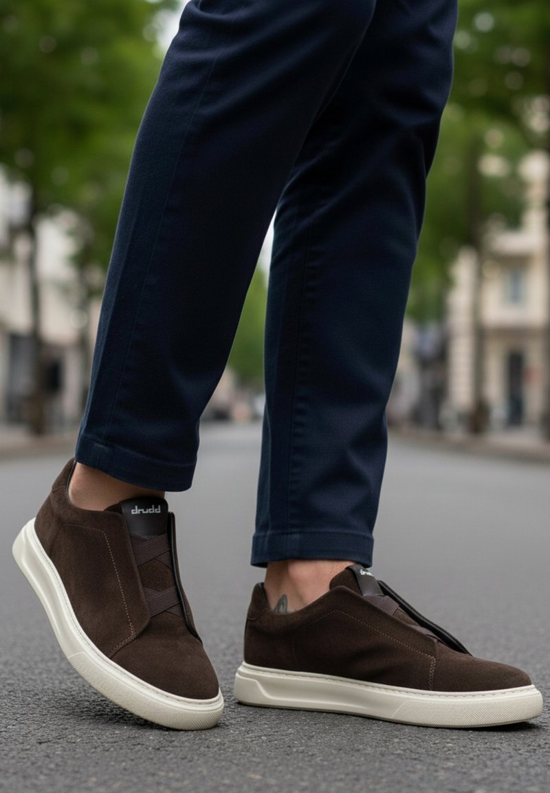 Brown suede slip-on sneakers with a textured upper, elastic detailing, and a white rubber sole, paired with navy trousers.
