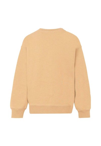 Felpa in morbido tessuto beige, con collo tondo, spalle scese e polsini e bordo a costine. Texture liscia, vestibilità casual, senza dettagli grafici.