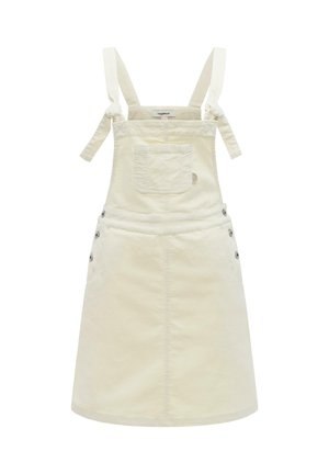 Kremfarvet denim-foret kjole med frontlomme, justerbare skulderstropper med knude og knapper i siderne.