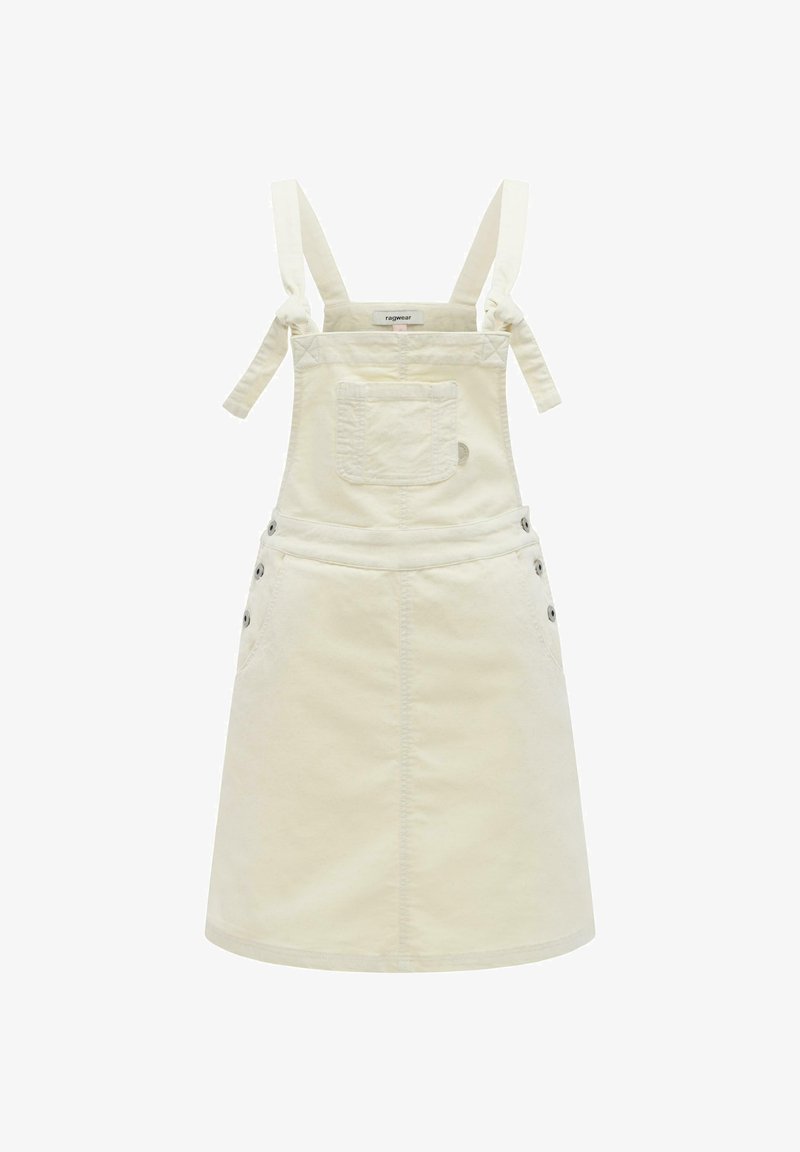 Robe salopette en denim couleur crème avec poche avant, bretelles réglables nouées aux épaules et côtés boutonnés.