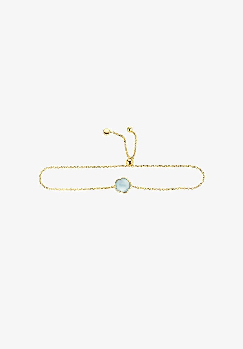 Pulsera de cadena de oro con un cierre ajustable, un centro de piedra en forma de flor de color azul claro y un detallado intrincado.