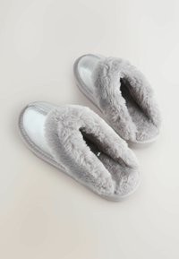Gray plush slippers with a soft fur lining, silver reflective outer material, open toe design, and textured sole for grip.