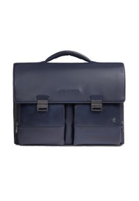 Marineblauwe leren aktetas met een gestructureerd ontwerp, voorflap, twee magnetische gespen en twee zakken met ritssluiting aan de voorkant.