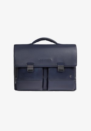 Marineblaue Leder-Aktentasche mit strukturiertem Design, Vorderklappe, zwei magnetischen Verschlüssen und zwei Reißverschlusstaschen vorne.