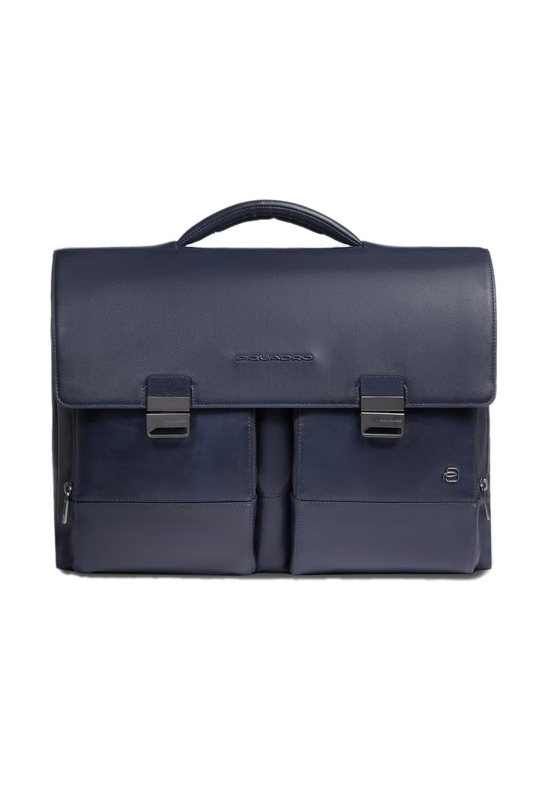 Marineblauwe leren aktetas met een gestructureerd ontwerp, voorflap, twee magnetische gespen en twee zakken met ritssluiting aan de voorkant.