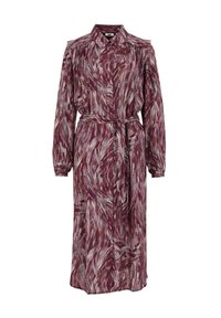 Long dress with a collared neckline, belted waist, and long sleeves. Features a colorful abstract pattern in shades of burgundy and cream.