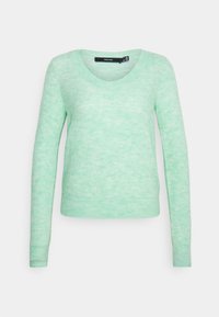 Maglione verde menta realizzato in tessuto morbido, con scollatura rotonda e maniche lunghe con polsini e orlo a costine. Dettaglio di trama sottile.