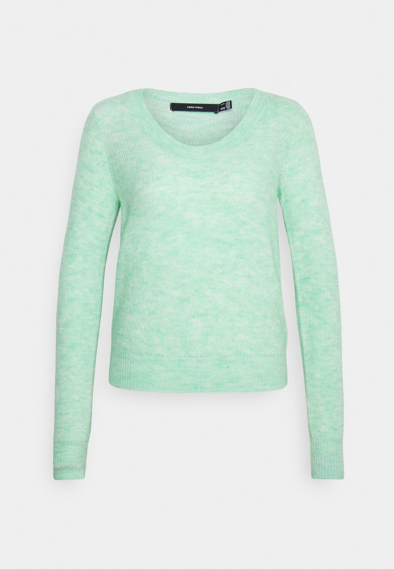 Maglione verde menta realizzato in tessuto morbido, con scollatura rotonda e maniche lunghe con polsini e orlo a costine. Dettaglio di trama sottile.