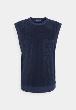 T-shirt sans manches en éponge bleu marine avec col rond et poche poitrine, étiqueté Marc O'Polo Denim.