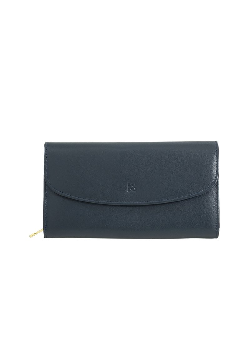 Portafoglio in pelle blu navy con una texture liscia, sottopiegato con una chiusura a patta e un dettaglio del logo discreto. Presenta una linguetta della cerniera gialla sul lato.
