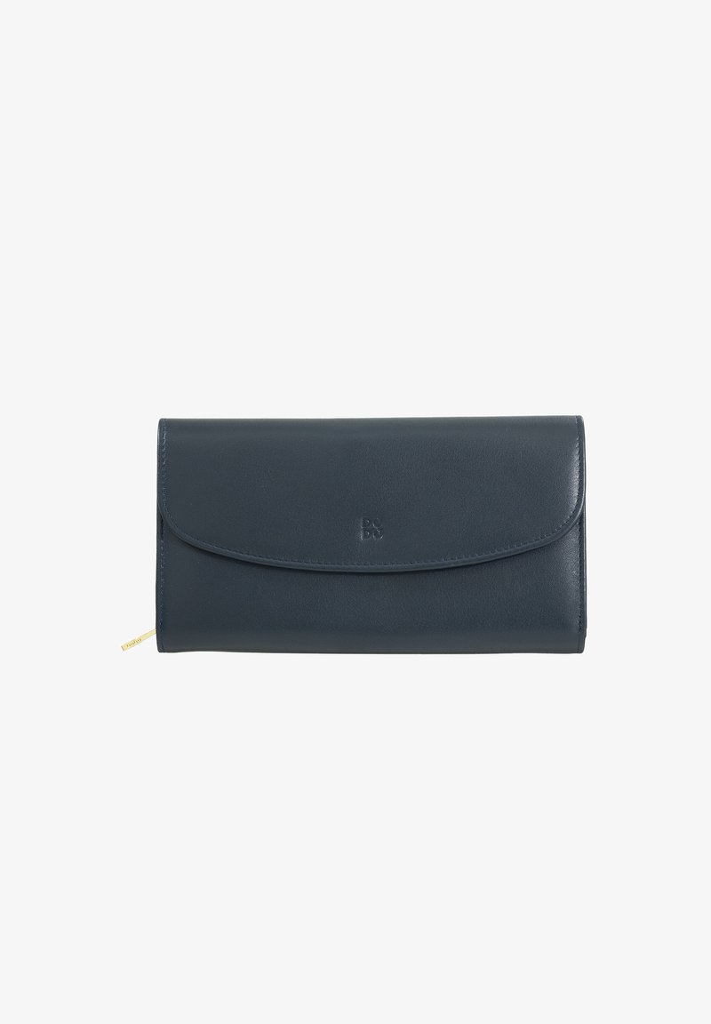 Navy leather wallet with a smooth texture, fold-over flap, and a subtle logo detail. Features a yellow zipper pull on the side.