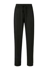 Sorte, lette loungebukser med snøring i taljen, indsnørede ben og ribkant forneden, fremstillet af et glat, blødt stof.