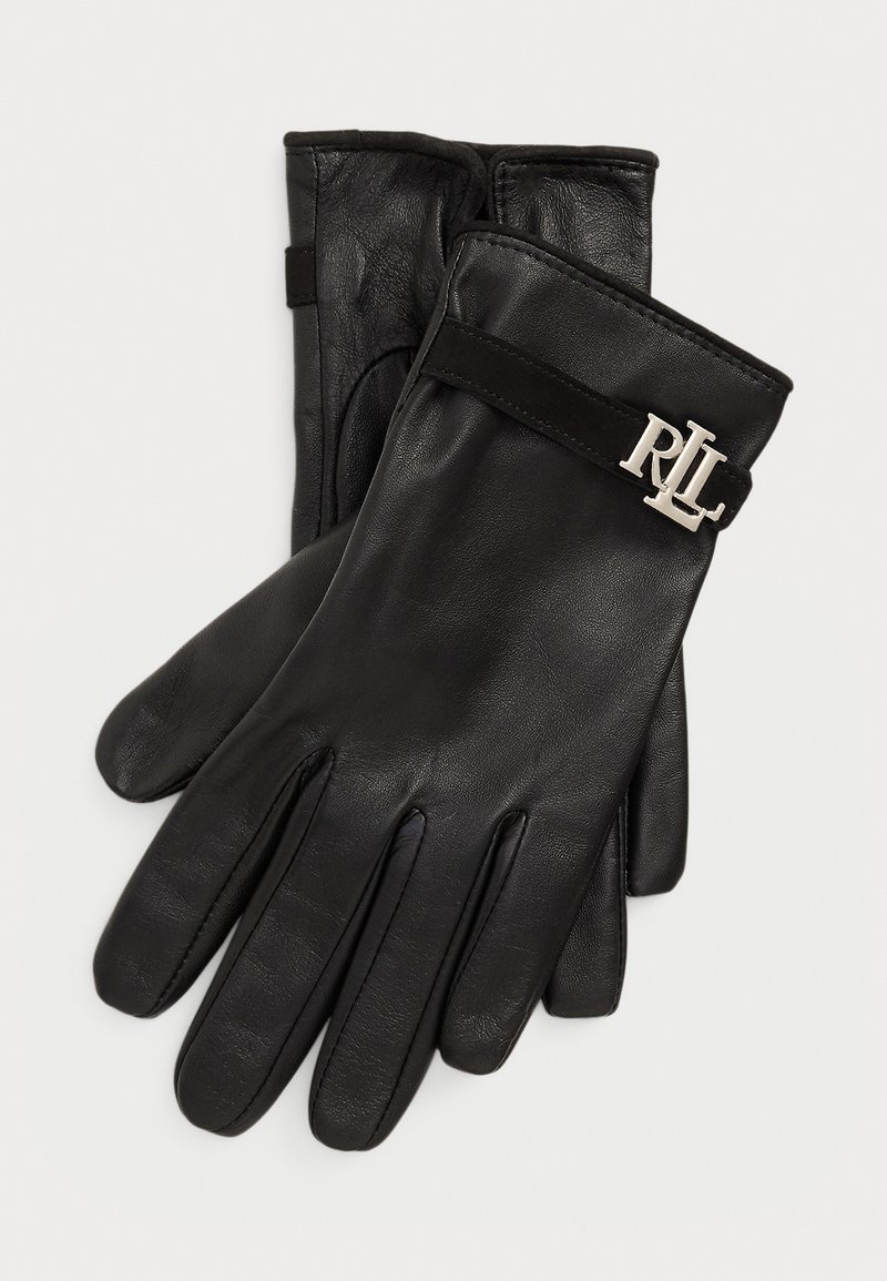 Luvas de couro pretas com uma alça de camurça e detalhe em prata do logótipo "RLL" no pulso, apresentadas de forma plana contra um fundo branco.
