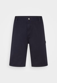 Calções azul marinho em mistura de algodão, com corte reto, bolsos laterais e um cós frontal com um botão prateado.