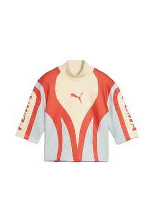Kortærmet sports-top med høj hals i creme og orange med Puma-logo foran og Puma-tekst på ærmerne.