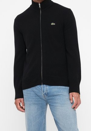 Homme portant un pull noir à fermeture éclair avec col et manches côtelés, jean bleu et petit logo crocodile vert sur la poitrine.