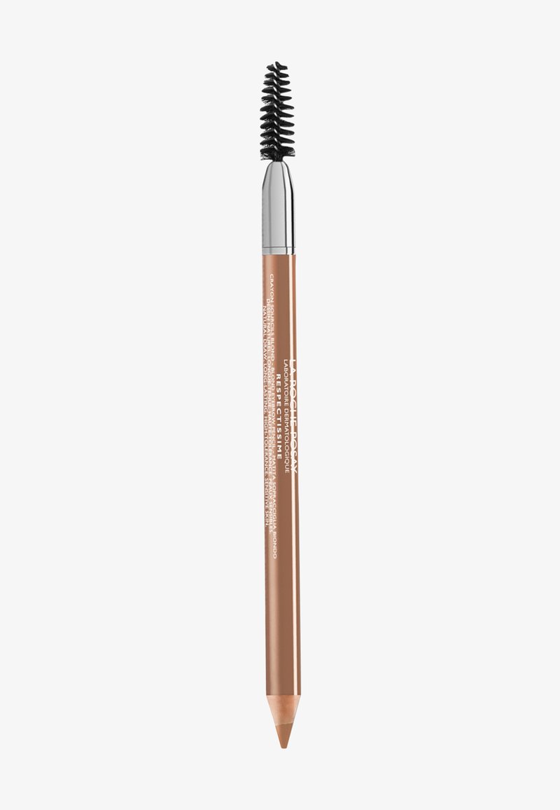 Brown eyebrow pencil with a spiral brush on one end and a pointed tip on the other. Features metallic and matte finishes with printed text.