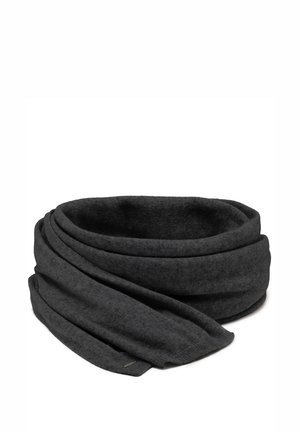 Bufanda gris oscuro hecha de una tela suave, con una textura lisa y un diseño en bucle continuo sin hardware visible ni patrones.