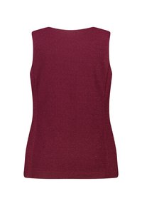 Mouwloze top in bordeauxrood met een gestructureerd gebreid patroon, voorzien van een ronde halslijn en een rechte zoom. Geen zichtbare sluitingen of versieringen.