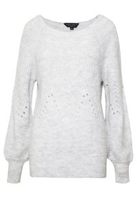 Pull en tricot gris avec un décolleté large, des manches bouffantes et un motif texturé comportant des trous en motif chevron. Poignets côtelés.