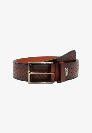 Brown leather belt with silver buckle and woven pattern detail, partially rolled, with brand tag "LLOYD" near buckle loop.