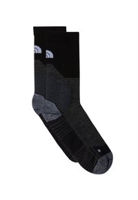 Calcetines negros con un patrón de degradado en diferentes tonos de gris, textura acanalada, talón acolchado y acentos de logo redondo cerca de la parte superior.