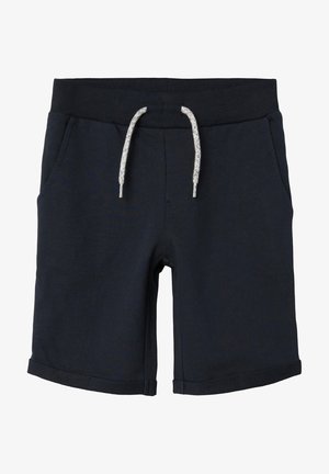 Marineblaue Baumwollshorts mit einem gerippten Bund, verstellbarem Kordelzug und zwei Seitentaschen. Mit umgeschlagenen Säumen für zusätzlichen Detail.