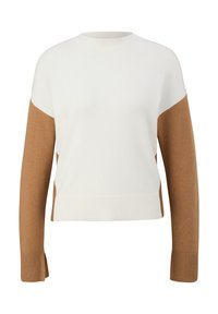 Sweter typu pulower w kolorze kremowym z brązowymi rękawami. Posiada prążkowany dół i mankiety; wykonany z miękkiego, lekkiego materiału z wzorem w blokach kolorystycznych.