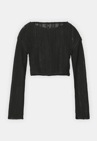 Black cropped sweater made of open-knit fabric, featuring long sleeves and a wide neckline, creating a relaxed fit and breathable texture.