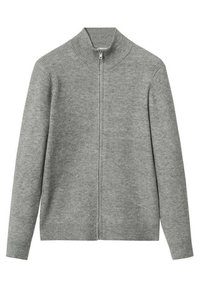 Suéter gris acanalado con cuello alto y cremallera frontal completa. Presenta mangas largas y un diseño ajustado para una silueta limpia.