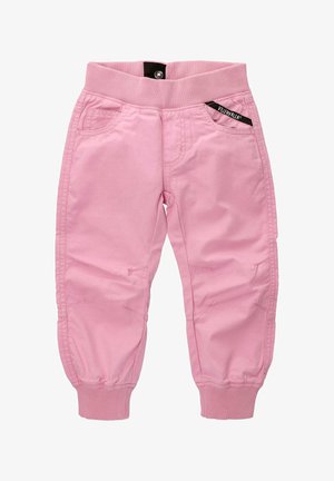 Pink cotton jogger pants with an elastic waistband, side pockets, and gathered cuffs. Notable stitching details enhance the design.