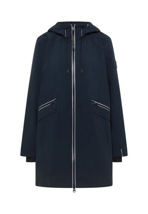 Imperméable bleu marine à capuche avec fermeture éclair frontale, capuche avec cordon de serrage, poches zippées en biais et manches longues.