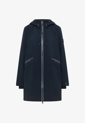 Granatowy, wodoodporny płaszcz z kapturem, zapinany z przodu na zamek, z regulowanym kapturem, skośnymi kieszeniami na zamek oraz długimi rękawami.
