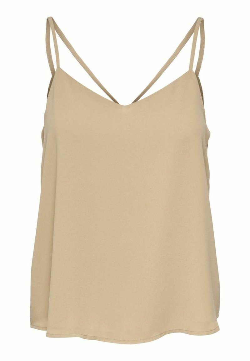 Débardeur beige sans manches avec un décolleté en V et des bretelles spaghetti ajustables, doté d'une texture douce et d'une coupe décontractée.